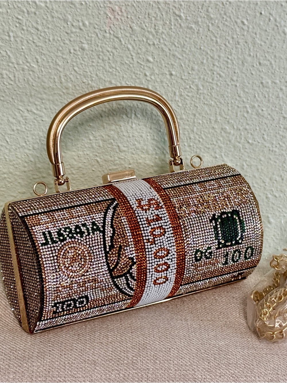 Crystal Rhinestone Money Minaudière Handbag - Gold Chain Strap Crossbody Bling